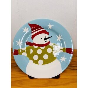 Vtg Snowman‎ Plate Blue Snowman 8.5" Thick Painted Ceramic by BW Next
